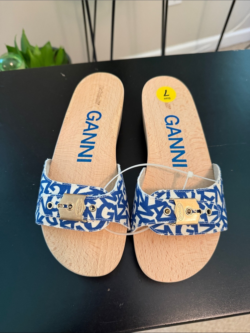 Ganni Dr Scholls blue and white logo slide sandals with gold hardware  Size 7